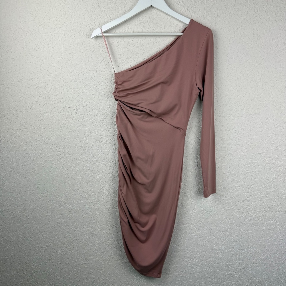 *Susana Monaco Womens Blush Pink One Shoulder Cut Out Midi Ruched Dress Small - Picture 4 of 14
